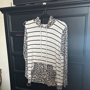 7th Ray Striped and Leopard Print Hoodie - Black, White, Brown